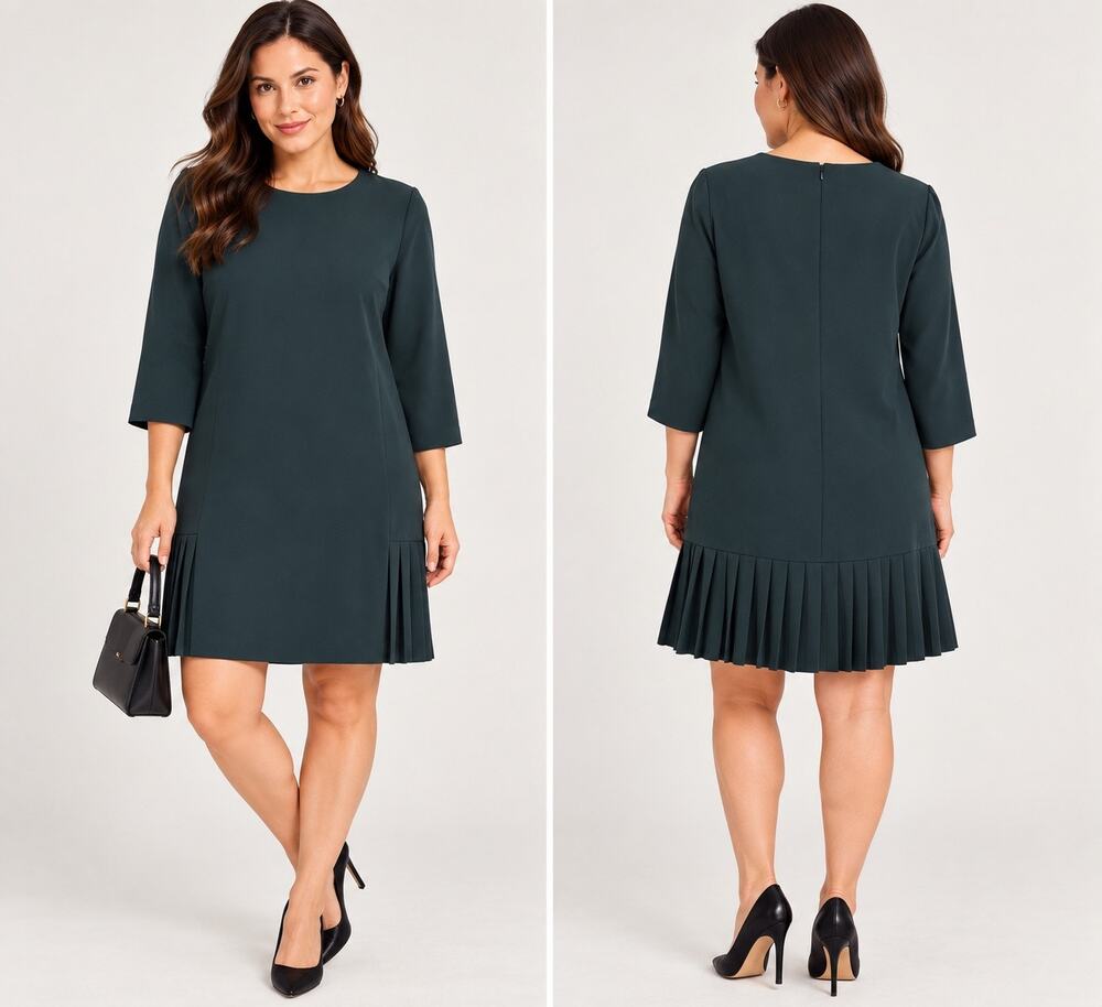 NWT Ann Taylor Pleated Hem Mini Dress Dark Teal Green  3/4 Sleeve Shift A Line M